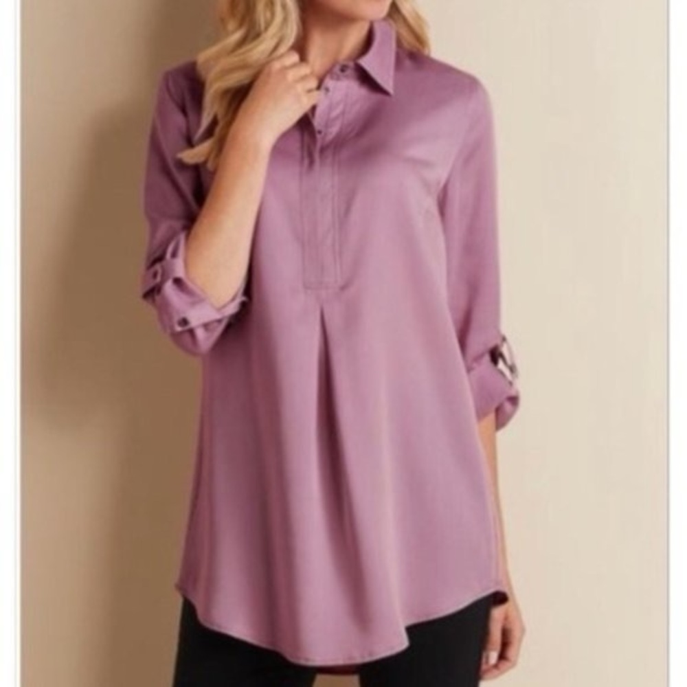 Soft Surroundings Mauve Tencel Soft 3/4 Button Down Roll Tab Tunic Top